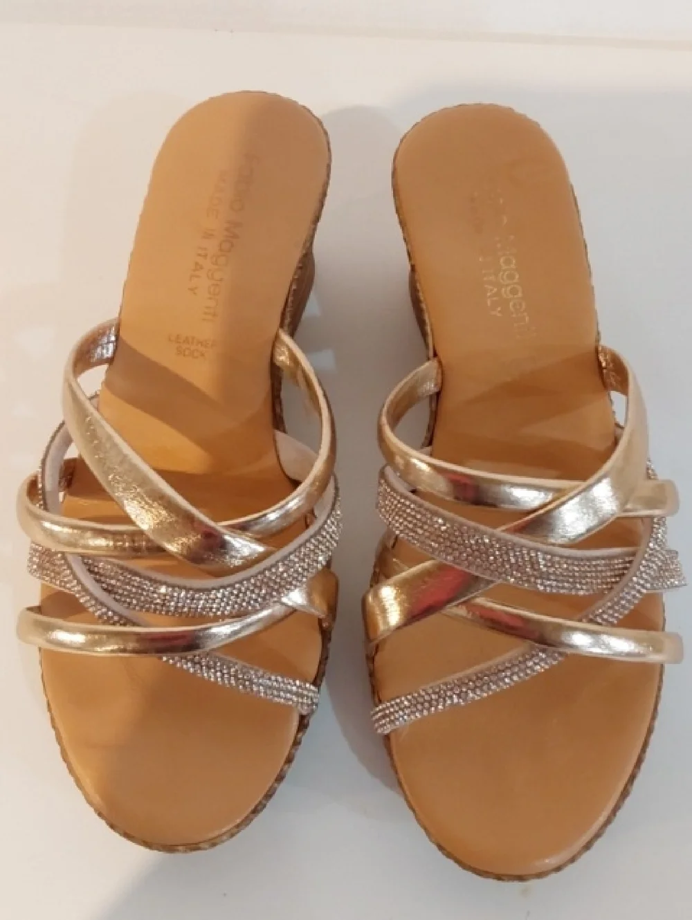 Fabio Maggenti|Wedge Slide Sandals in Metallic Gold/Silver Bling Slip On Sz.7.5